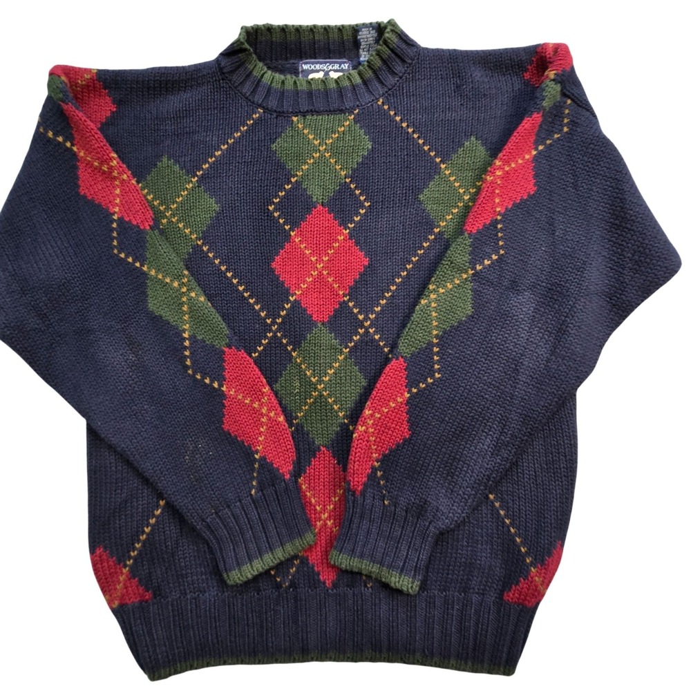 Woods & Gray Sweater Mens M Blue Argyle Chunky-Knit Crew Neck Cotton Pullover